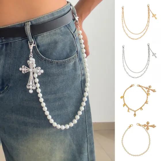 Elastore Calças Corrente Pérolas Falsas Metal Flor Decoração Carteira Multi-Camadas Design Estilo Hip-hop Wearable Arte