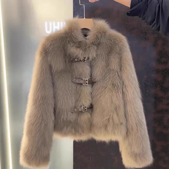 Jaqueta feminina de pele de raposa falsa inverno