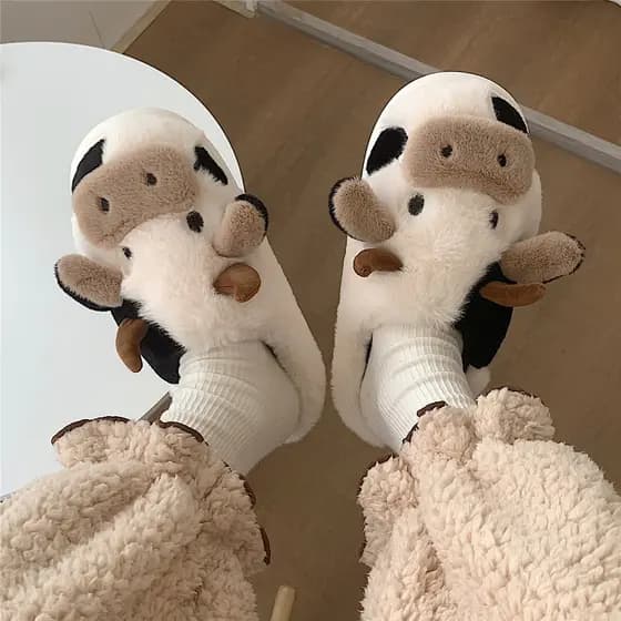 Chinelos de algodão antiderrapantes de vaca fofa