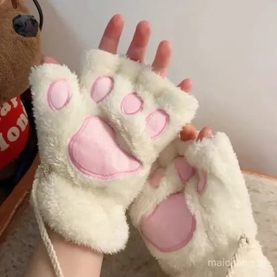 Luvas de Veludo para Modelagem de Patas de Gato/Luvas Sem Dedos Grossas e Quentes de Inverno com Corda 84QX