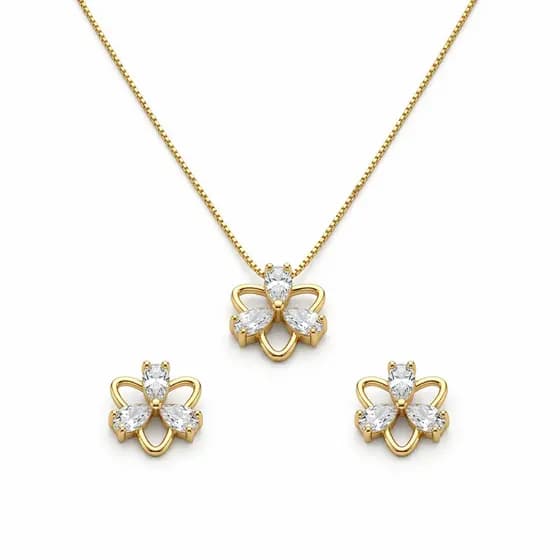 Conjunto Feminino Flor Banhado a Ouro 18K Colar + Brincos