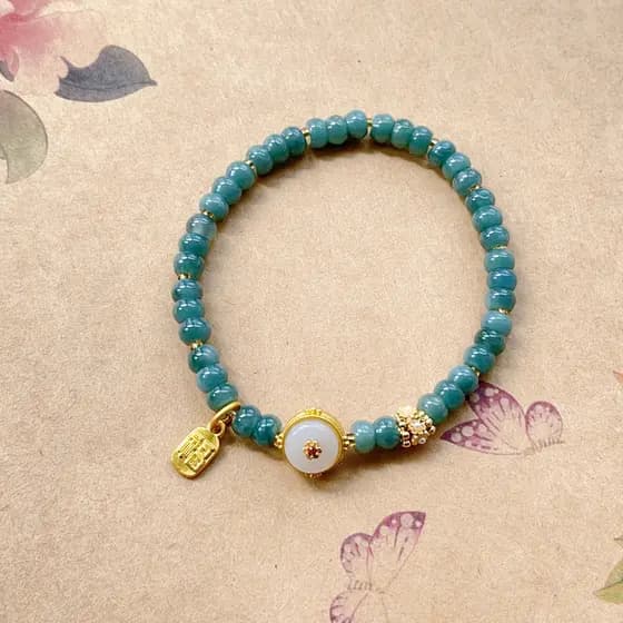 Pulseira de Círculo Único com Esmeralda Natural Azul Gelo e Pingente de Cartão de Bênçãos, Pulseira Cheia de Contas