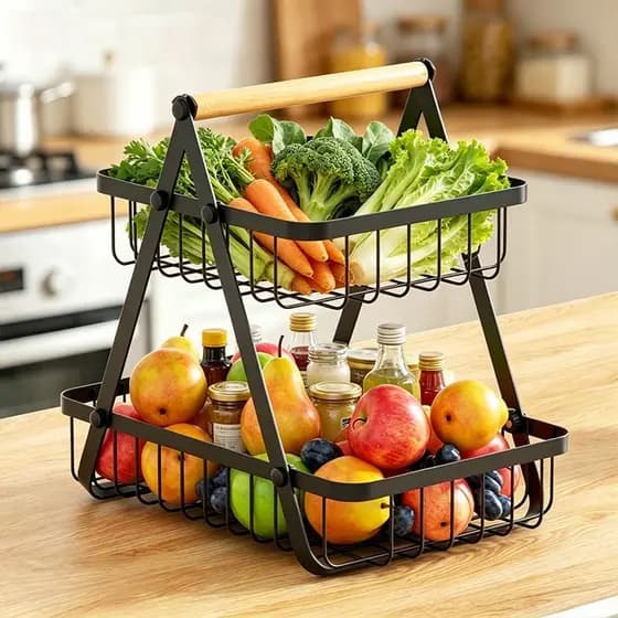 Fruteira De Mesa 2 Andares Metal Preto Alça Madeira Cesto Organizador Multiuso Frutas Legumes