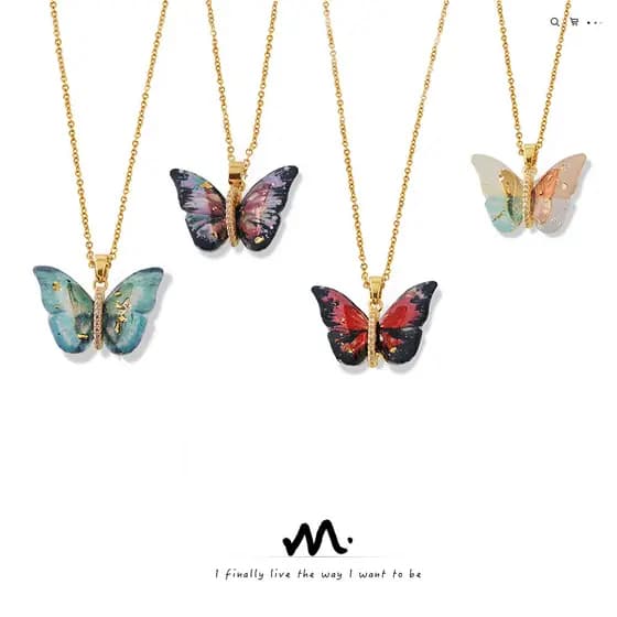 Colar boêmio de aço titânio, resina multicolorida, formato de borboleta, pingente de cobre, Design de diamante, joias, m