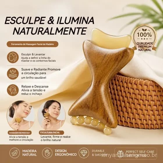 Massageador Facial Borboleta Gua Sha de Sândalo e Chifre, Massageador para Lifting Facial, Contorno da Mandíbula, Drenag