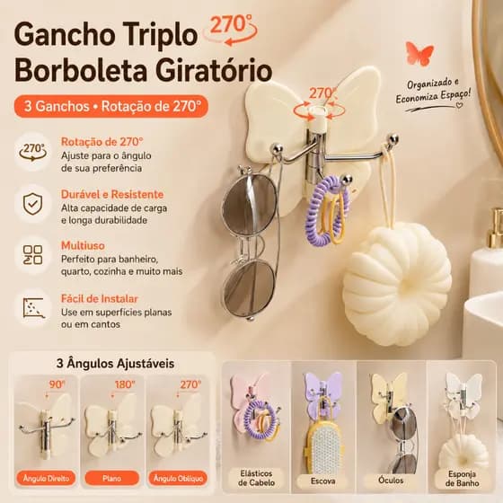 Gancho de Parede Rotativo em Forma de Borboleta com 3 Ganchos, Sem Necessidade de Furar, Gancho de Armazenamento de Cant