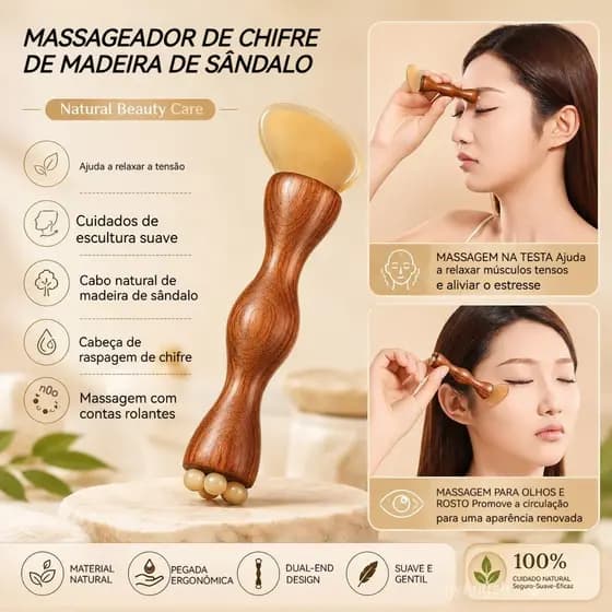 Massageador Facial 2 em 1 de Sândalo e Chifre de Lótus, Pente de Massagem, Bastão de Acupressão para Meridianos, Ferrame