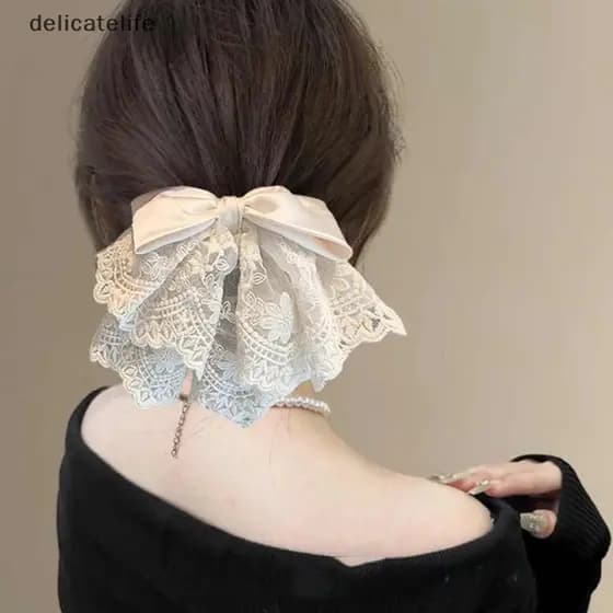 Francês Elegante Estilo Balé Renda Cetim Arco Rabo De Cavalo Grampo De Cabelo , Clipe De Tubarão Suave E Doce Ornamento