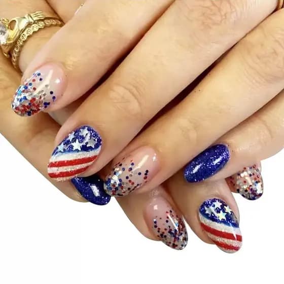 Unhas Postiças Curtas em Formato de Amêndoa para o 4 de Julho, Unhas Postiças Azuis com Glitter em Forma de Estrela, Con