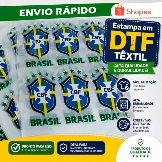 Estampa 8cm Brasil Copa do Mundo DTF Têxtil Termocolante | Patch de Fácil Aplicação com Ferro de Passar