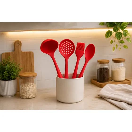Kit de Utensílios de Silicone para Cozinha Vermelho Completo com Peças de Alta Qualidade