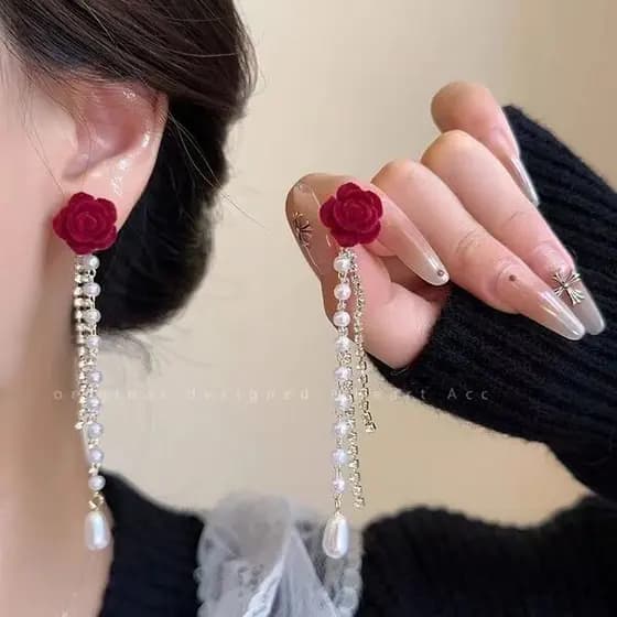 | 【cartelas de brincos feminino】 | kit brinco aço inoxidável ♡Brincos de borla de camélia ~ brincos longos de veludo ver