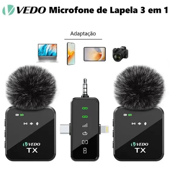 VEDO Microfone De Lapela Duplo para Android iPhone e câmeras DSLR 3 em 1 Microfone