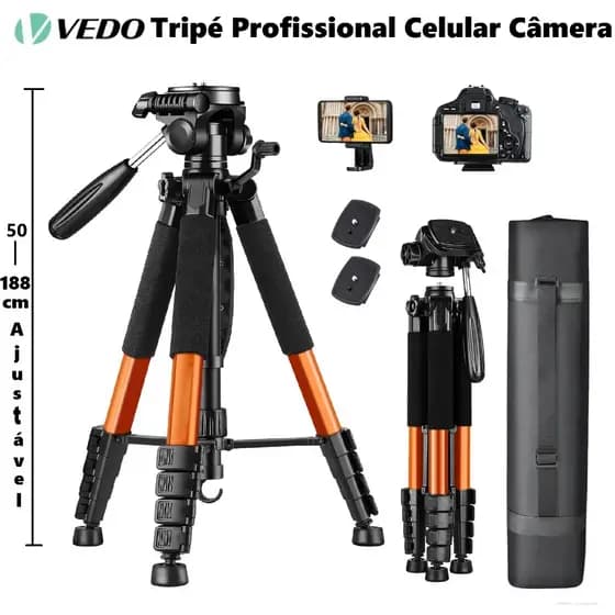 VEDO Tripé Profissional Multifuncional Celular Câmera 1,88 Mts para Action Cam Luz e Telescópio