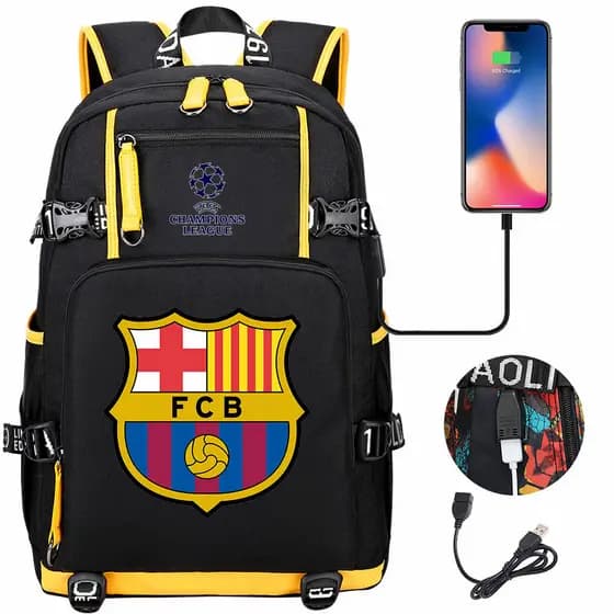 Mochila USB com Estampa de Futebol da Liga dos Campeões 647 para Adolescentes e Estudantes, Mochila de Viagem Casual Uni