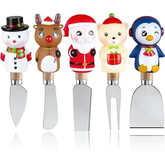 Christmas Cheese Spreaders Set of 5 - Festive Silicone Sleeves, Wooden Handles, Gift Box - Perfect for Cream Cheese, But