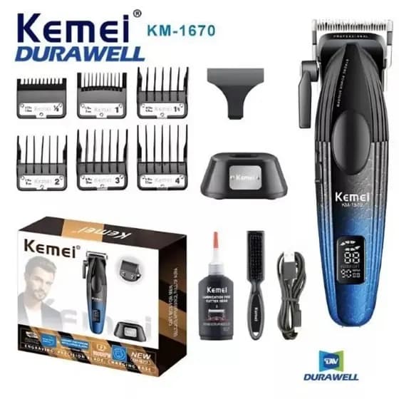 Maquina de Cortar Cabelo Profissional Turbo 9000 RPM Recarregável com Base Kemei KM-1670