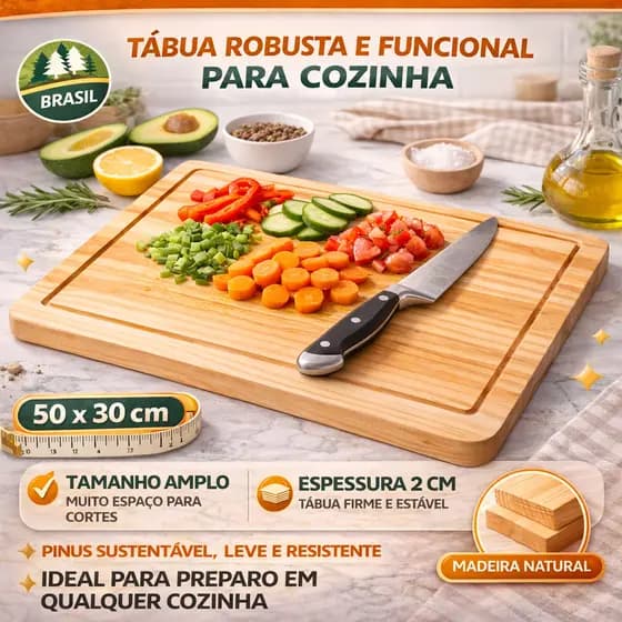 Tábua de Corte Madeira 50x30x2cm com Canaleta Ideal para Churrasco Cozinha e Legumes