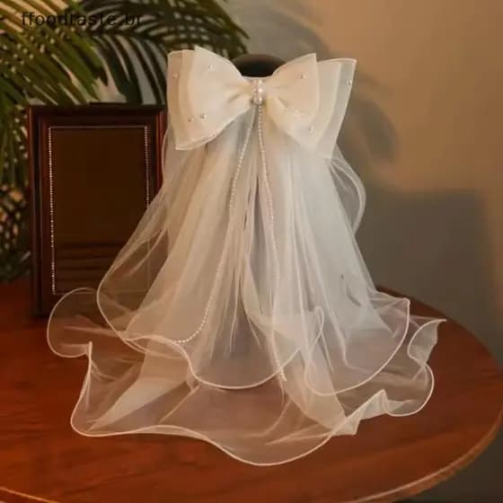 Véu De Noiva Com Laço Duplo FFOOD : Capacete De Renda Grampo De Cabelo De Branco Para Casamento