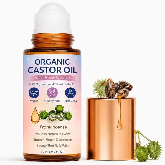 Óleo de Rícino 100% Puro Prensado a Frio Soldeer com Quartzo Rosa, Sem Hexano, em Frasco de Vidro Âmbar, 1,7 Onças