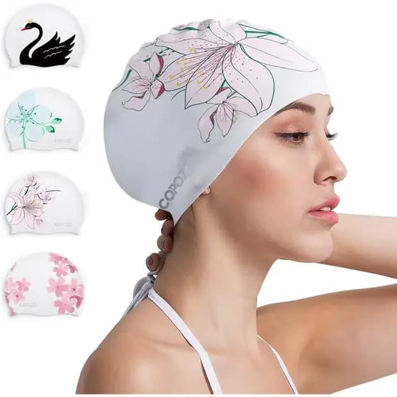 Touca de Natação de Silicone Estilosa COPOZZ para Mulheres – Design Confortável, Durável e Protetor de Cabelo