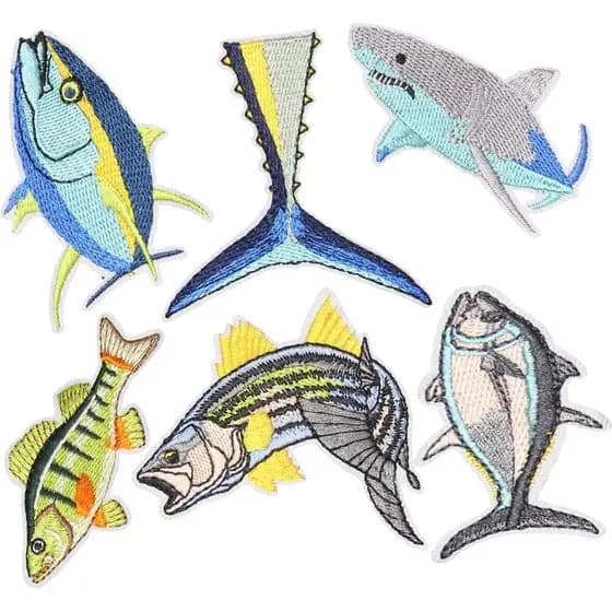 6 peças de patches termocolantes de peixe, robalo, atum e tubarão, patches bordados de cauda de peixe azul para reparo d