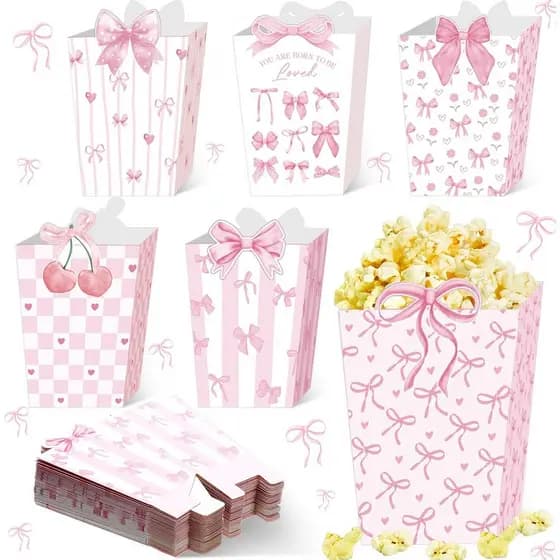 Namalu 48 Peças Caixas de Pipoca com Laço Rosa Coquette, Mini Sacos de Pipoca de Papel com Laço Coquette, Recipientes pa