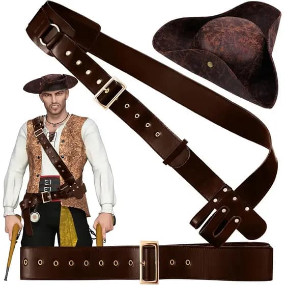 3 Peças de Acessórios para Fantasia de Pirata Incluem Chapéu de Pirata em Couro Sintético, Chapéu Tricórneo, Cintos Ajus
