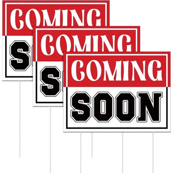 3 Peças de Placa de Sinalização "Em Breve" para Jardim 15,8" x 11,8" com 6 Estacas, Faixa Dupla Face "Em Breve" para Anu