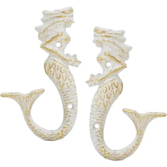 Sungmor Set of 2 Cast Iron Mermaid Wall Hooks – Vintage Towel Hanger, Nautical Ocean Theme Decor with Distressed White F