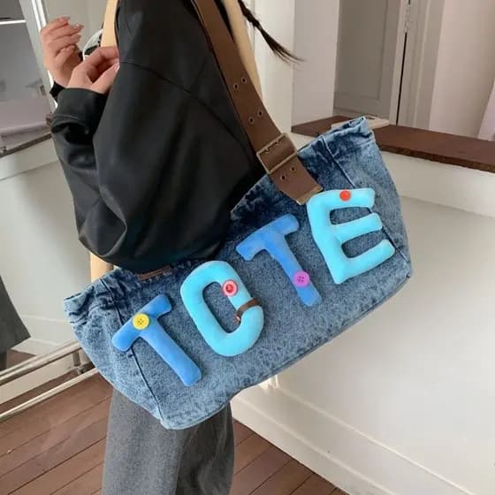 Bolsa jeans feminina carta tridimensional novo estilo moda grande capacidade