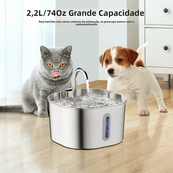 Dispensador de água para animais de estimação 2.2L, aço inoxidável, alimentador de água para gatos, redondo, circulação