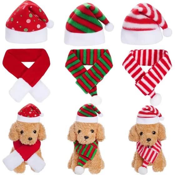Conjunto de 6 Peças de Fantasia de Natal para Gato e Cachorro com Chapéu de Papai Noel e Cachecol, Acessórios para Festa