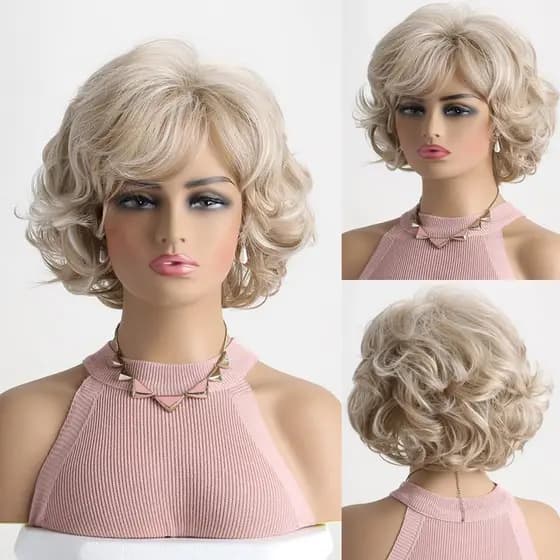Peruca Curta Loira Cacheada Elegante para Mulheres, Peruca Bob Sintética Ondulada e Volumosa para Uso Diário e Festas, P