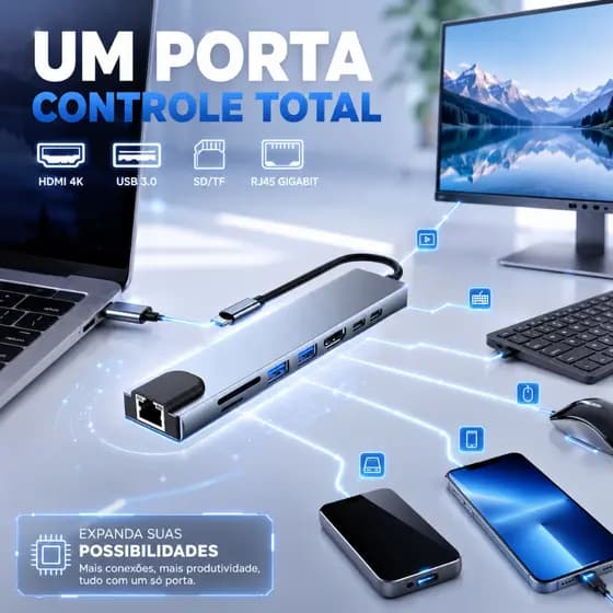 8 Em 1 USB Hub Expansor Dock Type C TF Leitor SD Áudio Compatível Com MacBook Pro ipad HP