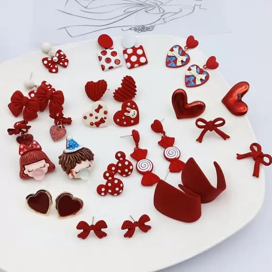 Brincos Vermelhos Arco Amor Coração Estilo