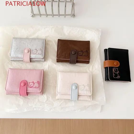 PATRICIA1OW Carteira Estampada De Gato , Bolsa De Couro Curta Fofa Para Vários Cartões , Portátil De Três Dobras Cartão