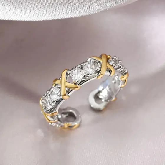 Novo anel de diamante bicolor, anel aberto ajustável e elegante personalizado, joia de luxo leve e de alta qualidade YQG