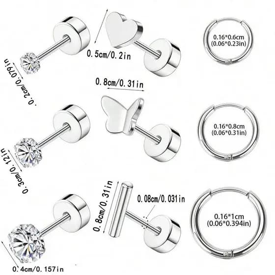 Conjunto de 9 peças de brincos de aço inoxidável em formato de coração e borboleta, adequado tanto para homens quanto pa