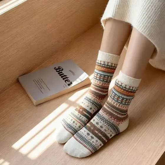Meias de algodão femininas de inverno, estilo vintage étnico, confortáveis, pacote com 3/6/9/12 pares