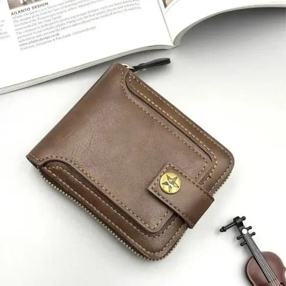 Carteira Masculina Vintage De Couro PU , Bolsa Curta Com Fecho E Zíper , Carteiras De Cor Sólida Duráveis Convenientes D