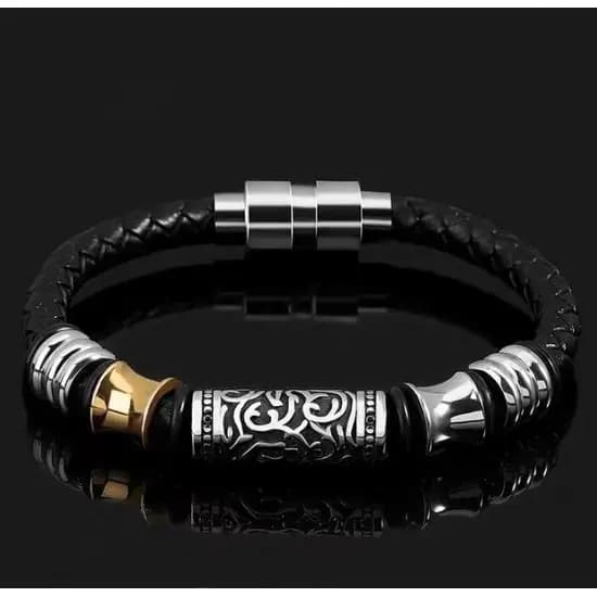 pulseira pulseira masculina Retro trançado Metal magnético esculpido pulseira masculina All-Match luz luxo nicho preto c
