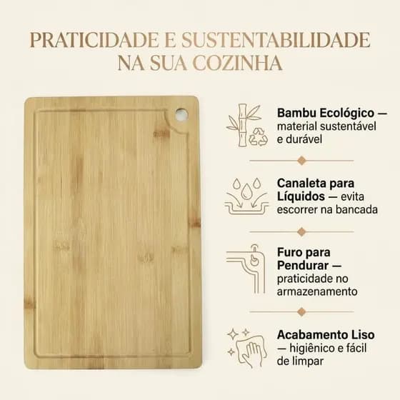 Tábua de Corte em Bambu 30x20cm com Canaleta e Furo para Pendurar – Resistente e Durável