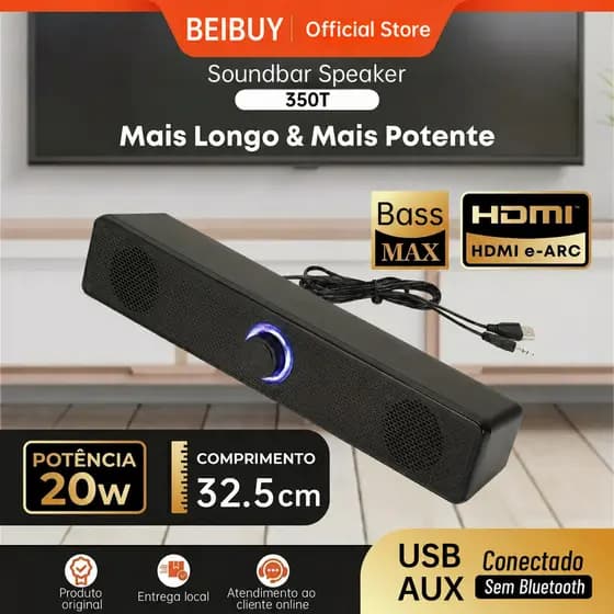 Caixa de Som Potente Com 2 Alto Falantes 30W Soundbar PC Notebook TV
