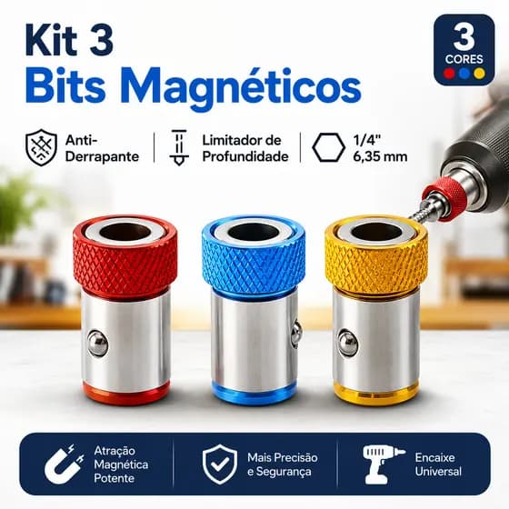 Bits para Parafusadeira Magnéticos 1/4 6,35mm Liga S2 Antiderrapante com Limitador Profundidade Kit 3