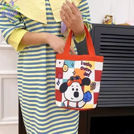 B & H Jul Bolsa Balde Fofa De Doodle Com Estampa De Desenho Animado Cilíndrica De Lona Feminina Almoço Compras Escolar {