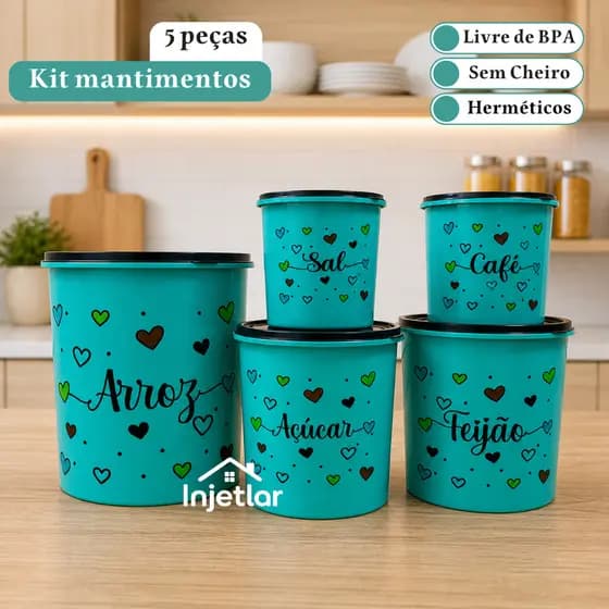 Kit potes de mantimentos para cozinha com 5 peças decoradas de plástico