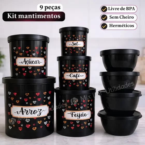 Kit de potes mantimentos de cozinha com 9 peças de plástico