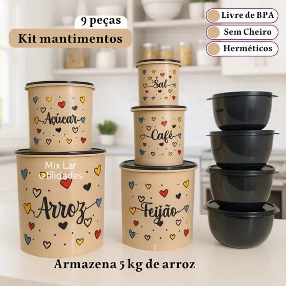 Kit de potes para mantimentos de cozinha com 5 peças + 4 potes redondos plásticos