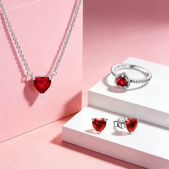 Conjunto de três peças em prata S925 - Anel/Colar/Brincos em formato de coração vermelho - Presente de alta qualidade